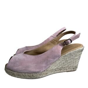 Paseart Pink Suede Leather Espadrille‎ Wedges Peep Toe Shoes Women's 40 US 10